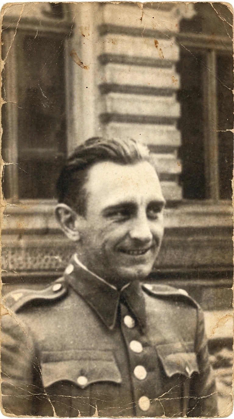 Černobílá fotografie muže v uniformě před budovou z minulého století