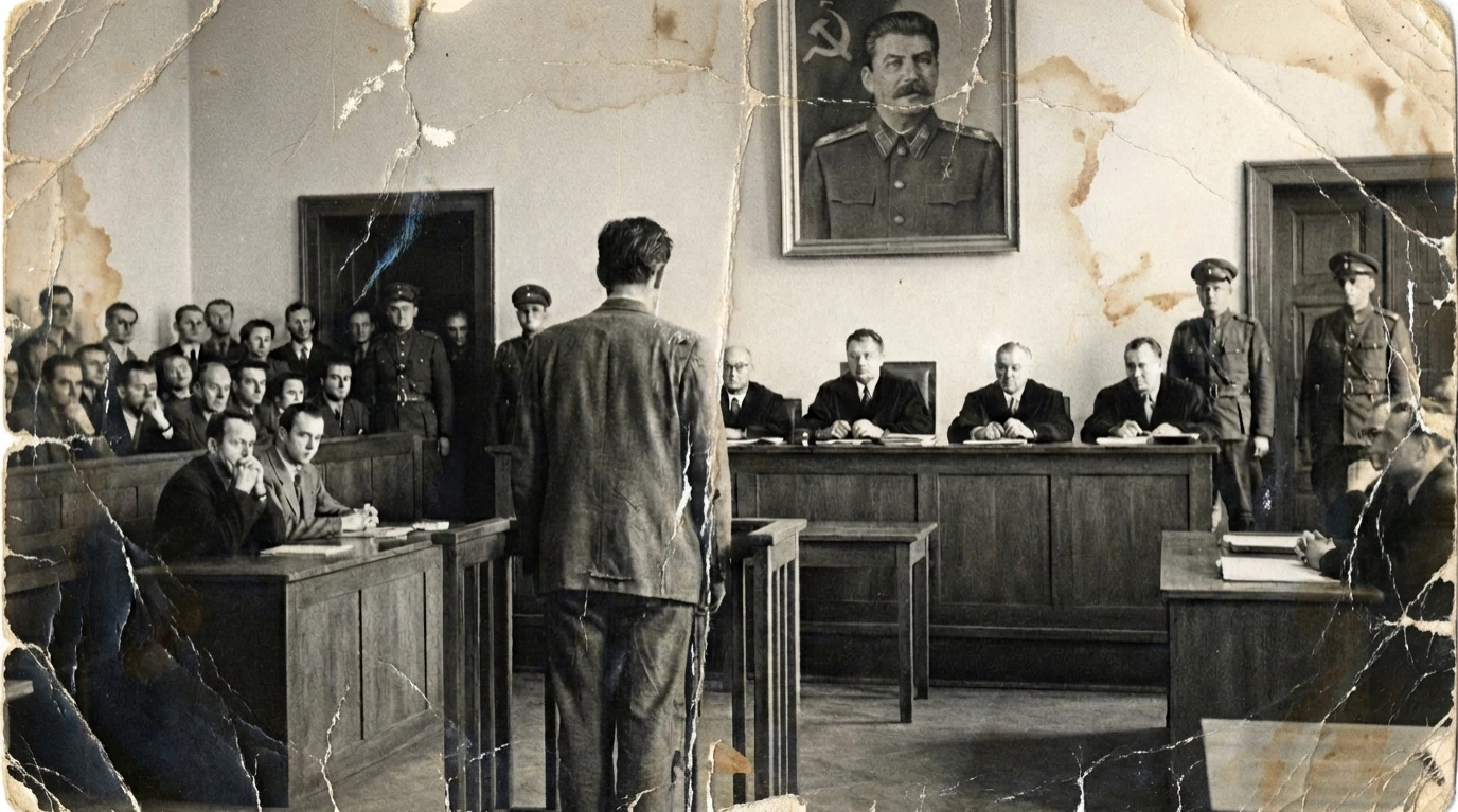 Historický soudní proces s obviněným stojícím před soudem, kolem něj soudci a diváci